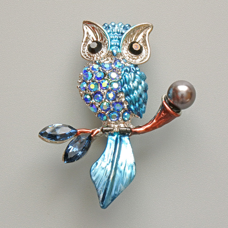 Brooch Pendant Owl with blue enamel, blue rhinestones, black bead, silver metal 31x38mm