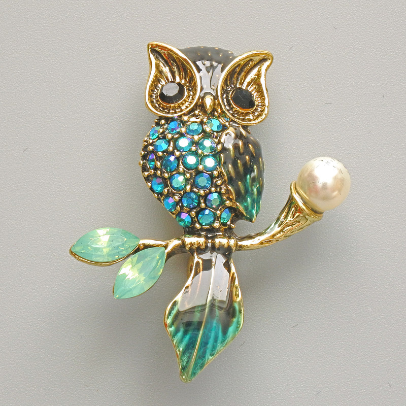 Brooch Pendant Owl blue enamel with crystals, blue and green crystals, white bead, golden metal 31x38mm