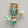 Brooch Pendant Owl blue enamel with crystals, blue and green crystals, white bead, golden metal 31x38mm