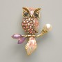 Brooch Pendant Owl in Pink Enamel with Pink Rhinestones, White Bead, Gold-toned Metal 31x38mm