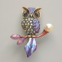 Brooch-Pendant Owl with Purple Enamel, Purple Rhinestones, White Bead, Gold-Tone Metal 31x38mm