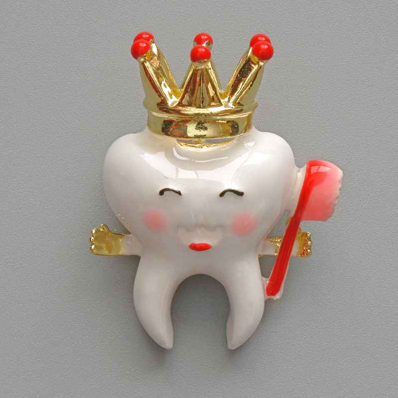 Brooch Pendant Tooth with Crown White, Pink, and Gold Enamel, Gold-Tone Metal 25x32mm