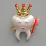 Brooch Pendant Tooth with Crown White, Pink, and Gold Enamel, Gold-Tone Metal 25x32mm
