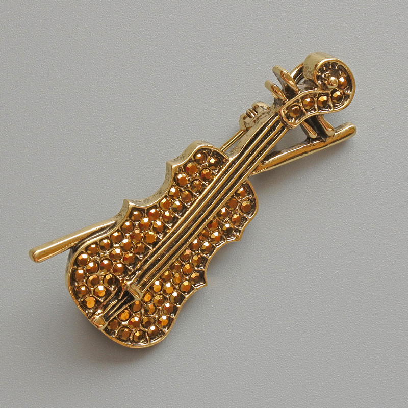 Brooch Pendant Violin with Golden Crystals, Gold-Tone Metal 20x45mm