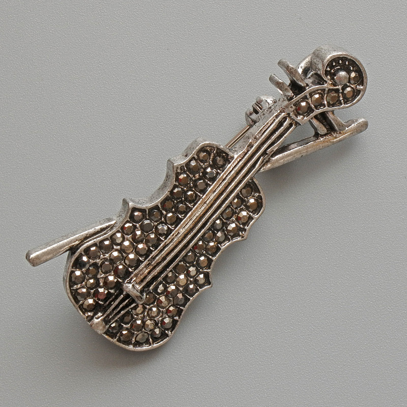 Brooch Pendant Violin with Black Crystals, Silver Metal 20x45mm