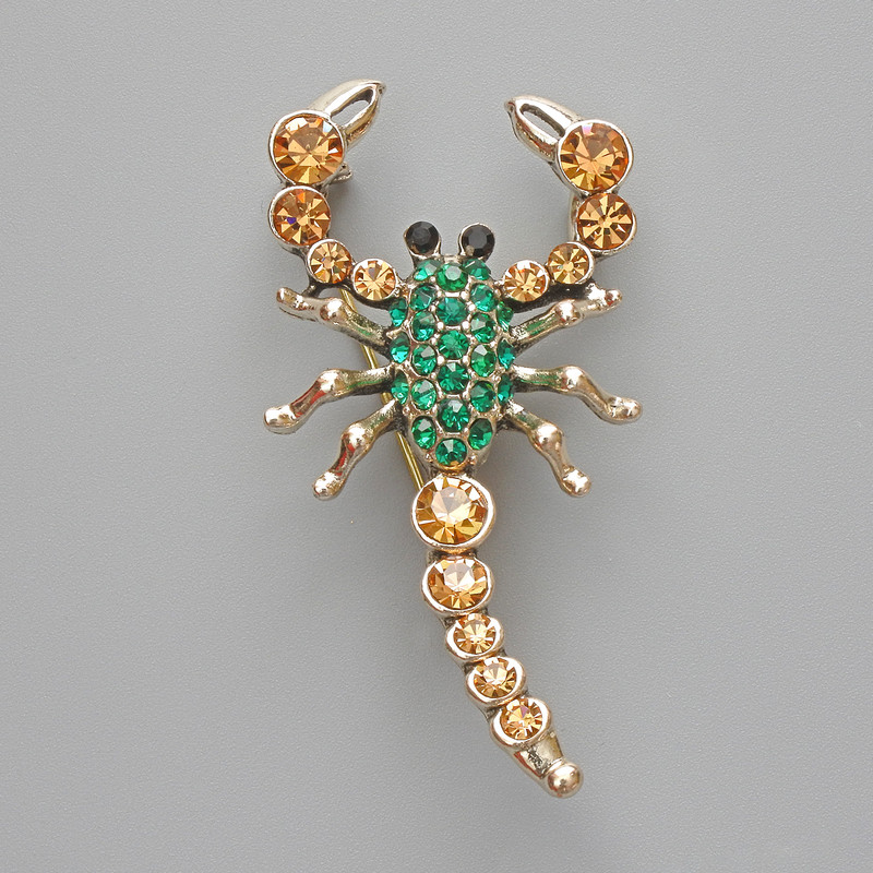Brooch Pendant Scorpio with green and yellow rhinestones, golden metal 28x54mm