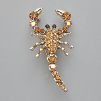 Brooch Pendant Scorpio with Yellow Rhinestones and Chameleon Rhinestones, Golden Metal 28x54mm