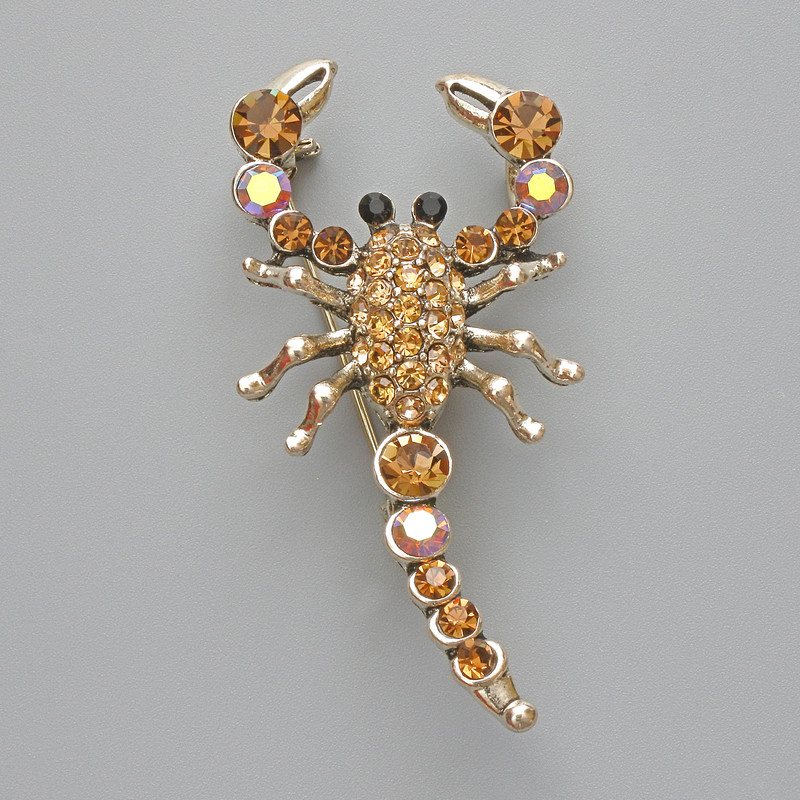 Brooch Pendant Scorpio with Yellow Rhinestones and Chameleon Rhinestones, Golden Metal 28x54mm
