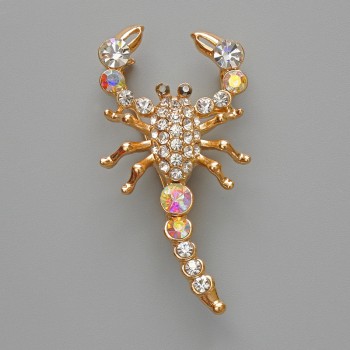 Brooch Pendant Scorpio with white crystals and chameleon crystals, golden metal 28x54mm