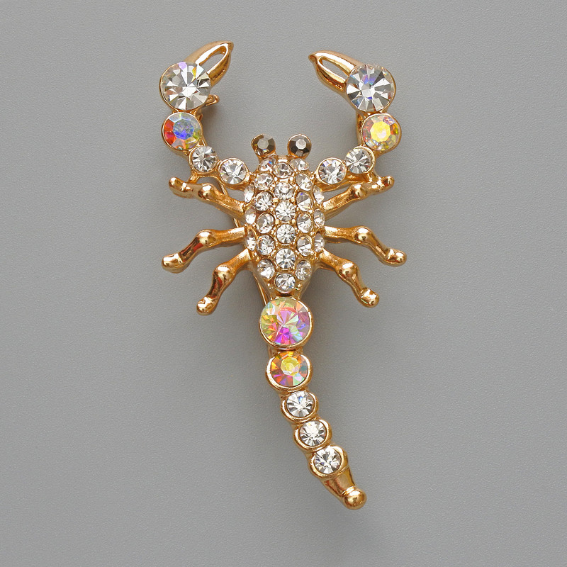Brooch Pendant Scorpio with white crystals and chameleon crystals, golden metal 28x54mm