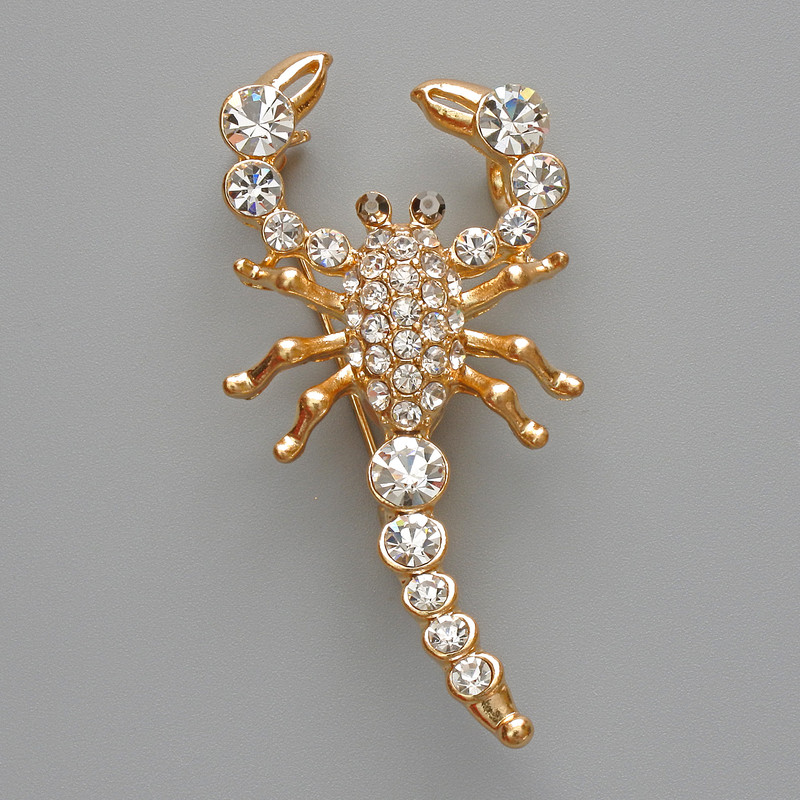 Brooch Pendant Scorpio with White Crystals, Golden Metal 28×54mm