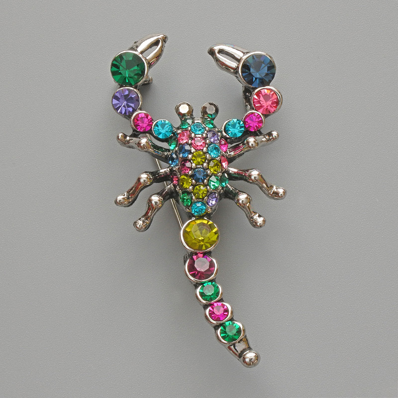 Brooch Pendant Scorpion with Multicolor Rhinestones, Silver-Toned Metal 28x54mm