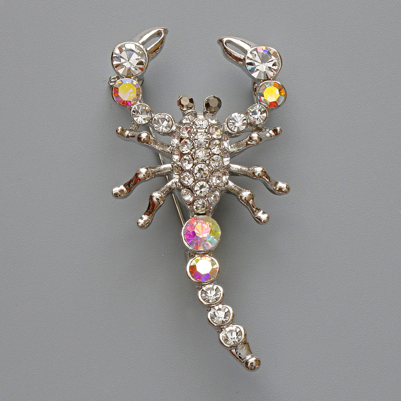 Brooch Pendant Scorpio with Swarovski crystals and chameleon crystals, silver metal 28x54mm