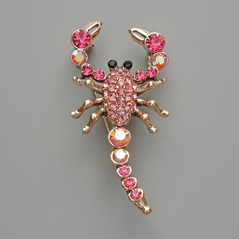 Brooch Pendant Scorpio with Pink Crystals, Silver Metal 28x54mm