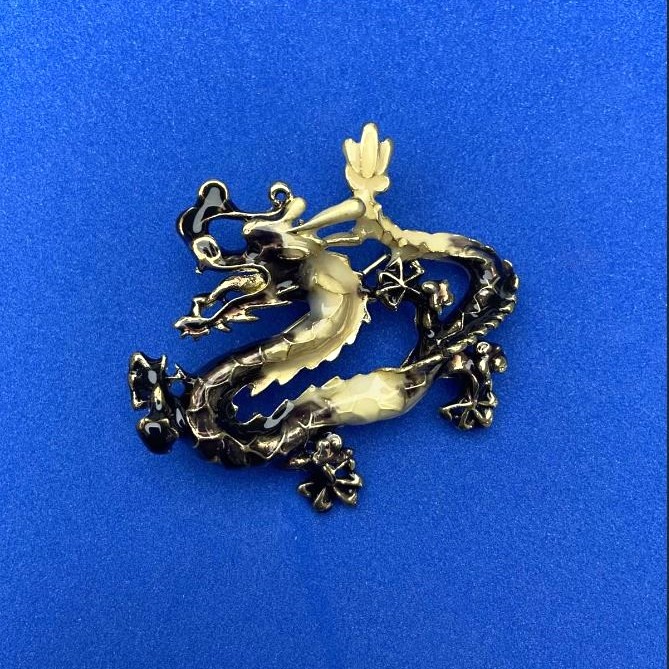 Brooch Pendant Dragon with enamel in brown and white, silver-toned metal 47x41mm