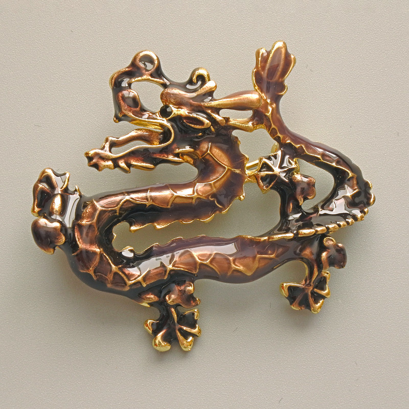 Brooch Pendant Dragon Brown Enamel, Gold-Tone Metal 47x41mm