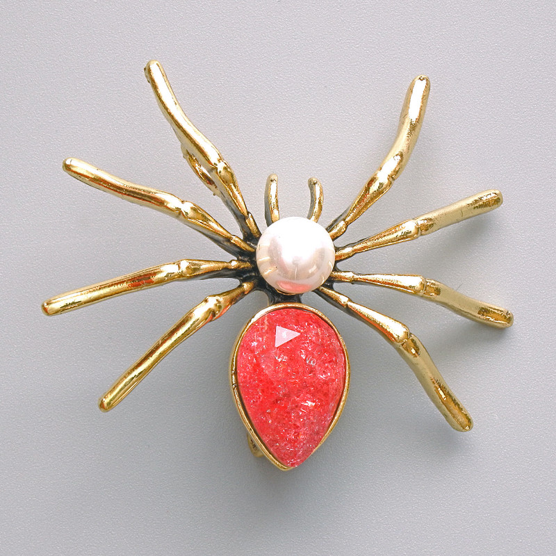 Brooch Pendant Spider Pink Aquarium Effect, White Bead, Golden Metal 45x39mm