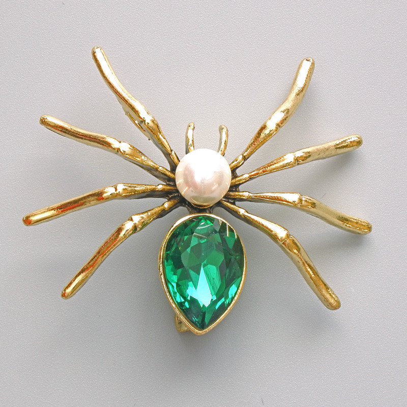 Brooch Pendant Spider Green Crystal, White Bead, Gold-Tone Metal 45x39mm