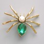 Brooch Pendant Spider Green Crystal, White Bead, Gold-Tone Metal 45x39mm