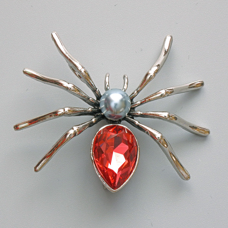 Pendant-brooch Spider with red crystal, gray bead, silver metal 45x39mm