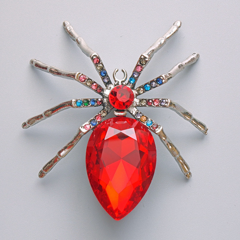 Brooch pendant Spider red crystal, multicolor rhinestones, silver metal 56x64mm