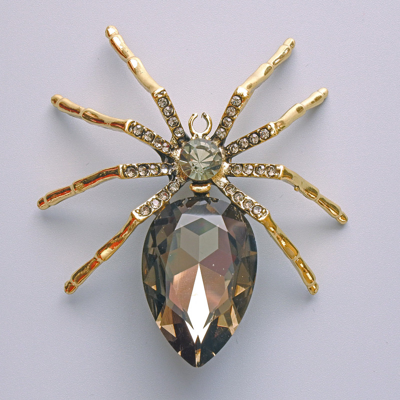 Brooch Pendant Spider Gray Crystal, Gray Rhinestones, Golden Metal 56x64mm