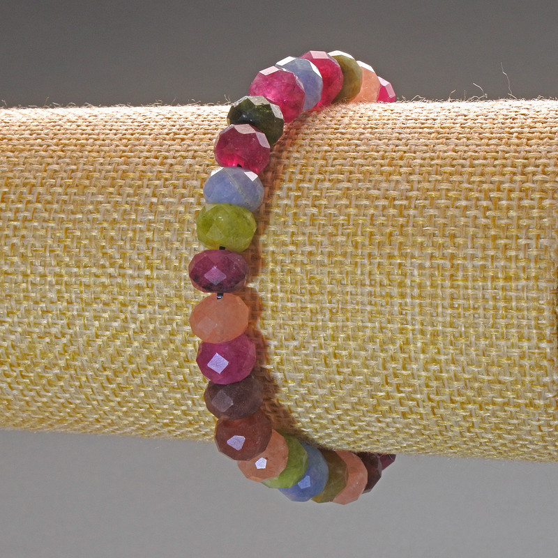 Tourmaline Bracelet, natural gemstone, faceted rondelle, diameter 8×6 mm ±, length 18 cm (stretch)