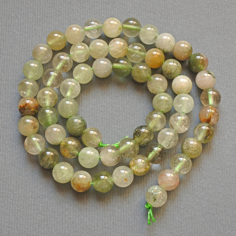 Phantom Quartz Beads with Rutile natural stone smooth sphere, diameter 6.5mm±, length 39cm± on thread