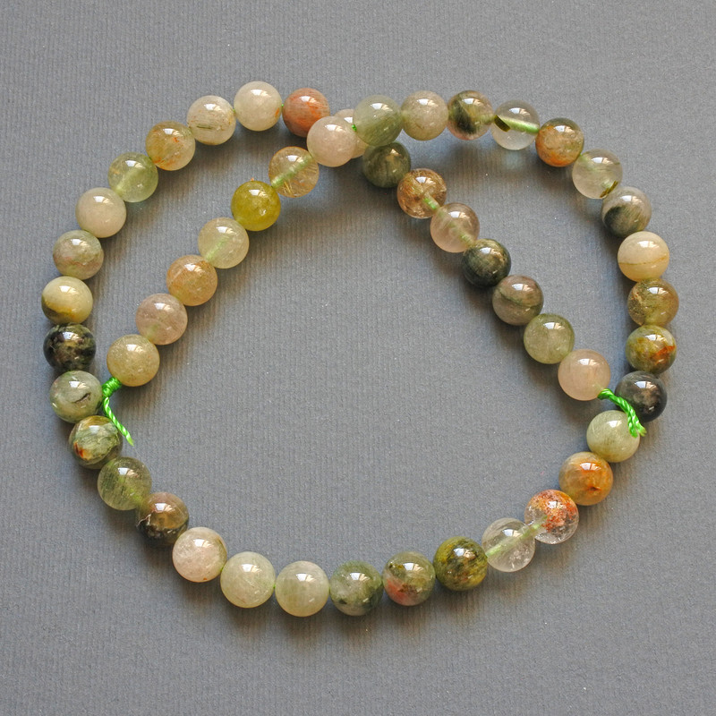 Phantom Quartz Beads with Rutile Natural Stone Smooth Round Beads, diameter 8mm±, length 39cm± on Thread