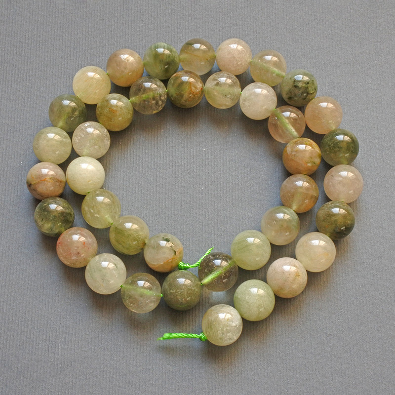 Phantom Quartz with Rutile natural stone smooth ball beads, diameter 10mm±, length 39cm± on thread