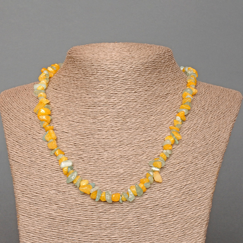 Necklace Ukraine with Aquamarine natural stone and tinted quartz chip, diameter 8×4mm±, length 48cm