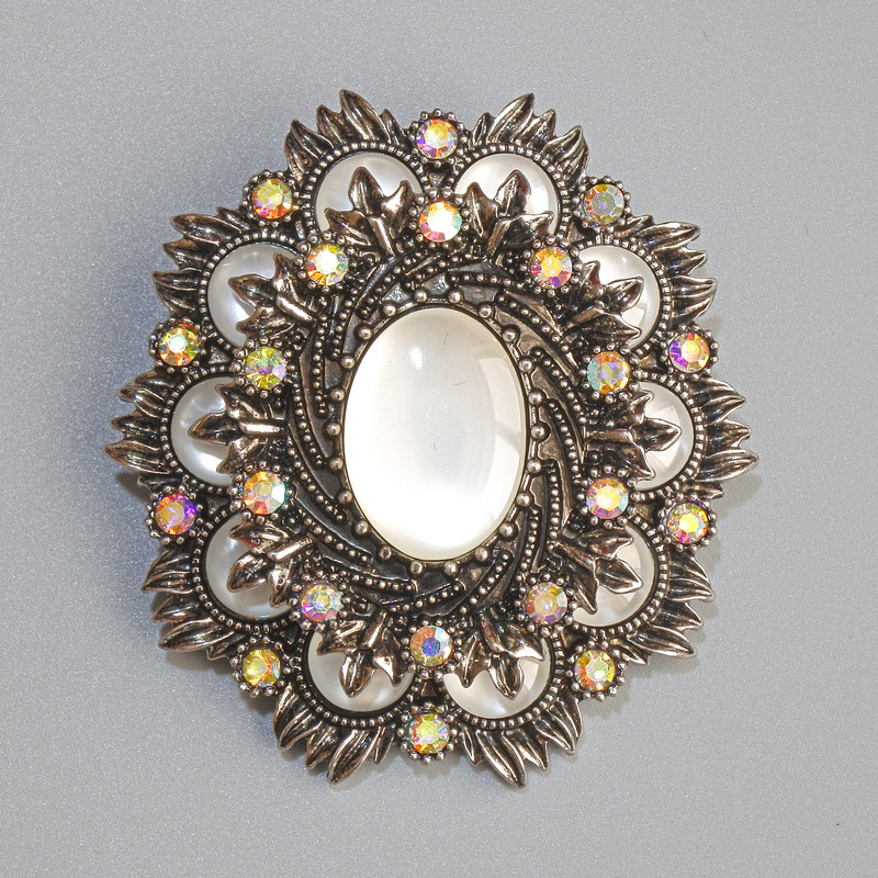 Brooch Pendant Accent White Cat's Eye with Chameleon Crystals, dark-silver metal 48x54mm