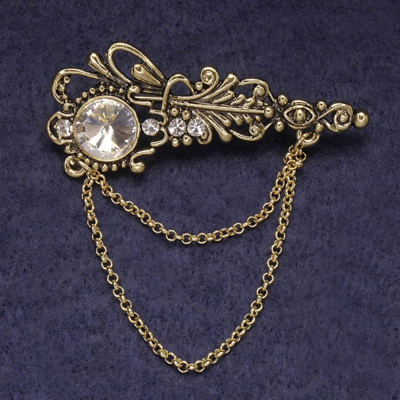 Brooch Accent with White Rhinestones and Crystal, Gold-Tone Metal 55x22mm