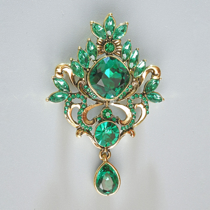Brooch Pendant Accent with Green Crystals and Rhinestones, Golden Metal 40x58mm