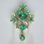 Brooch Pendant Accent with Green Crystals and Rhinestones, Golden Metal 40x58mm