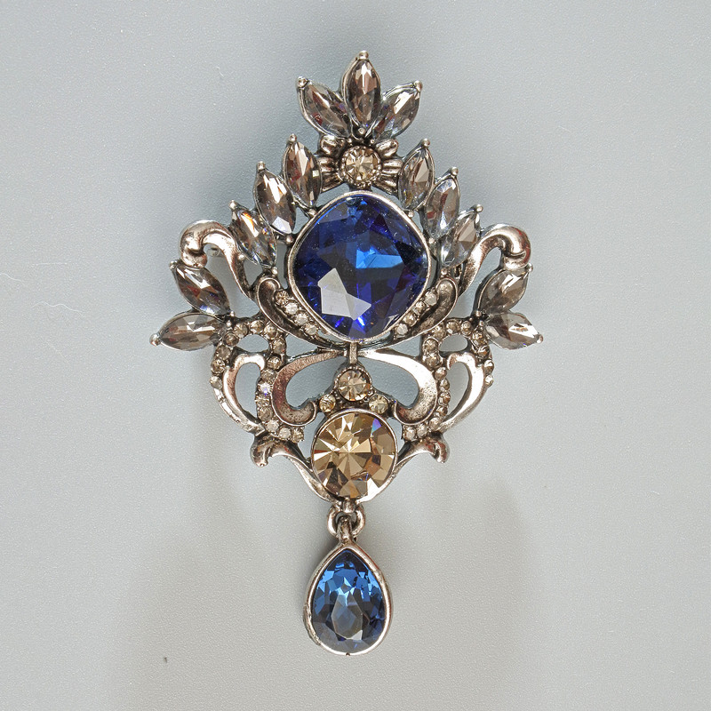 Brooch Pendant Accent with blue and gray crystals, gray rhinestones, silver metal 40x58mm