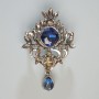 Brooch Pendant Accent with blue and gray crystals, gray rhinestones, silver metal 40x58mm