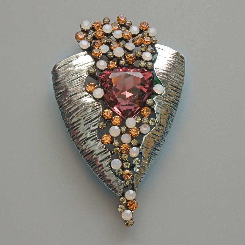Brooch Pendant Accent with Pink Crystal, black, white and yellow rhinestones, silver-tone metal 41x65mm