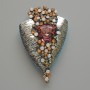 Brooch Pendant Accent with Pink Crystal, black, white and yellow rhinestones, silver-tone metal 41x65mm