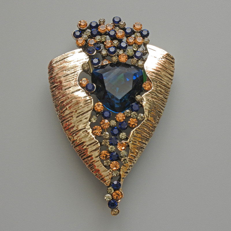 Brooch Pendant Accent blue crystal, black, blue and yellow rhinestones, light-golden metal 41x65mm