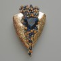 Brooch Pendant Accent blue crystal, black, blue and yellow rhinestones, light-golden metal 41x65mm