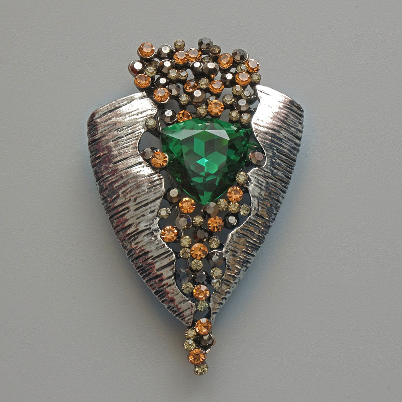 Brooch Pendant Accent Green Crystal, black and yellow rhinestones, silver metal 41x65mm