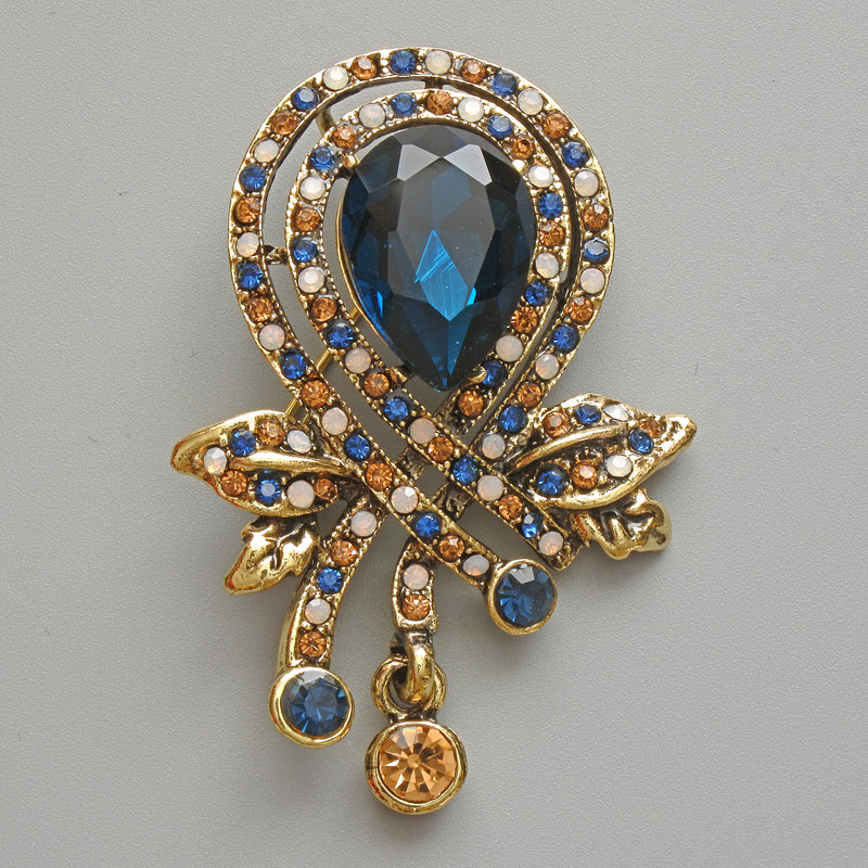 Brooch Pendant Accent with Blue Crystal, blue, white and yellow rhinestones, golden metal 37x46mm