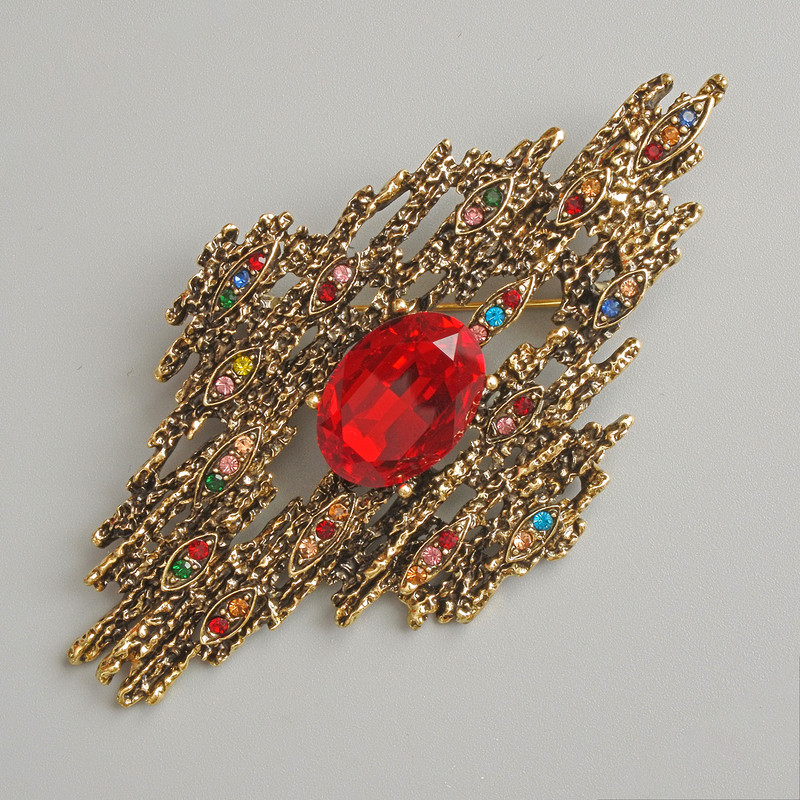 Brooch Pendant Accent with Red Crystal, multicolor Rhinestones, dark-gold metal 44×81 mm