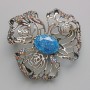 Brooch pendant Flower blue aquarium effect, multicolored rhinestones, golden metal 51x51mm