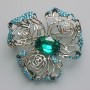 Brooch Pendant Flower Green Crystal, Blue Rhinestones, Silver Metal 51x51mm