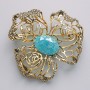 Brooch Pendant Flower blue aquarium effect, white rhinestones, gold-toned metal 51x51mm