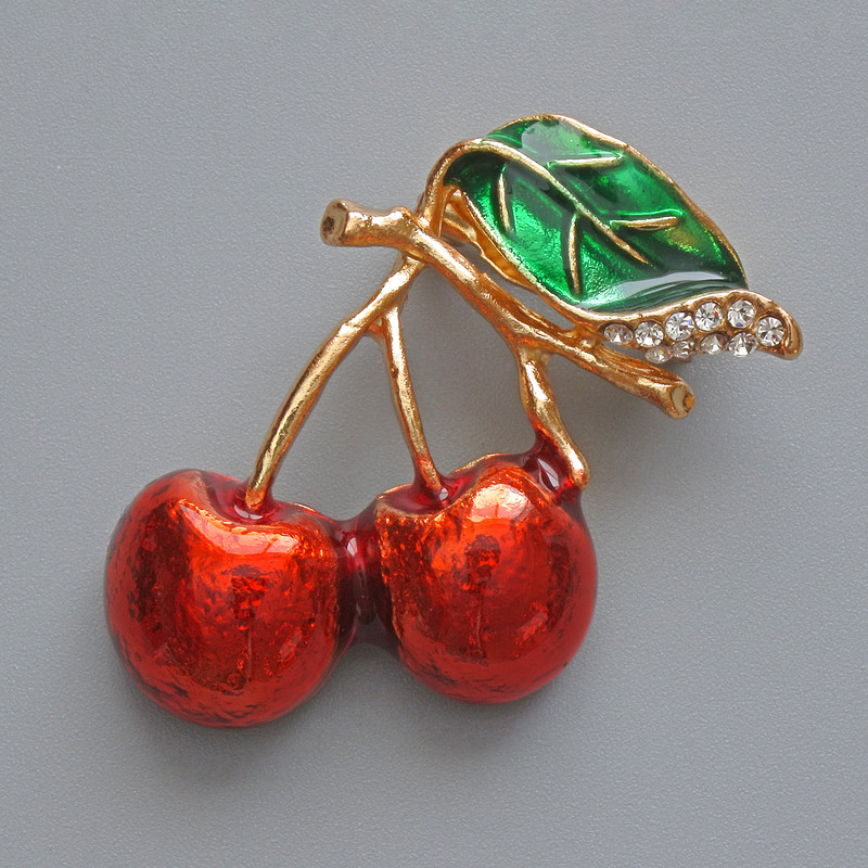 Brooch Cherry Red and Green Enamel, White Rhinestones, Gold-Toned Metal 22x35mm