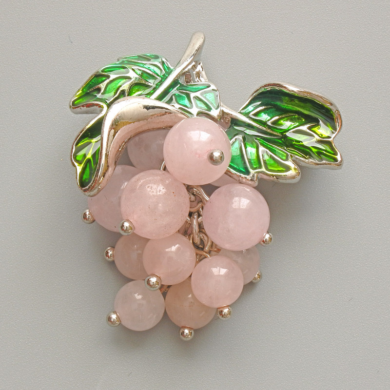 Brooch Pendant Grapes with Beads Pink Quartz, green enamel, silver metal 35x45mm