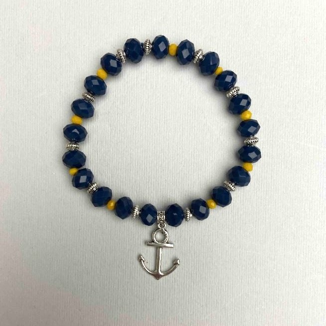 Bracelet Czech Crystal blue and yellow faceted rondelle, diameter 8x6mm, 3.5x3mm±, length 18cm (stretch) with metal inserts